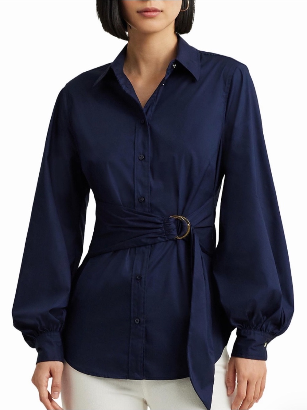 Lauren Ralph Lauren Navy Ring Belt Button Front Blouse